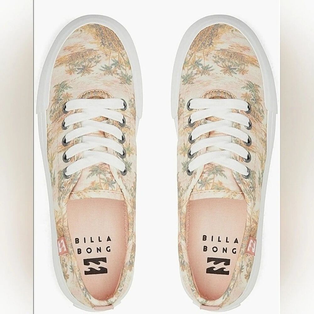 Billabong Tropical Palm Print Canvas Sneakers Beach Surf Lace Up Shoes, Size 7